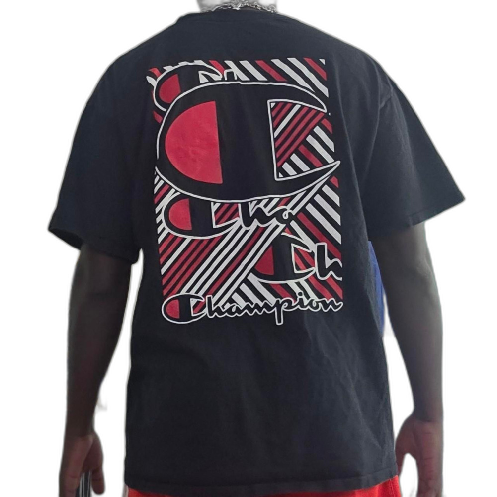 Champion Big Logo Spellout Black Red Graphic T-Shirt Streetwear - Picture 1 of 4